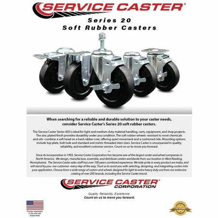 Service Caster 3'' Soft Rubber Wheel Swivel Top Plate Caster Set Posi Brake, 4PK SCC-20S314-SRS-PLB-4